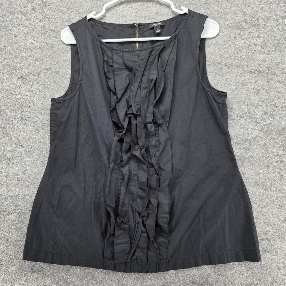 Ann Taylor Blouse Womens 12 Black Sleeveless Round Neck Ruffle Cotton Spandex